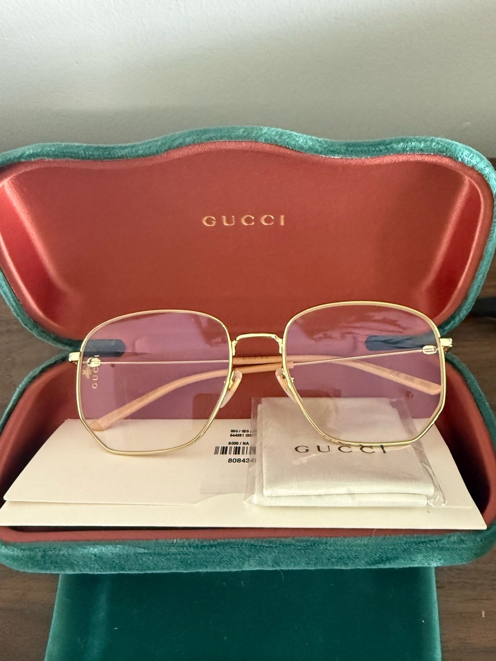 New Gucci GG0396S 001 Gold Octagon Sunglasses Clear Bee Logo Lens Full Set